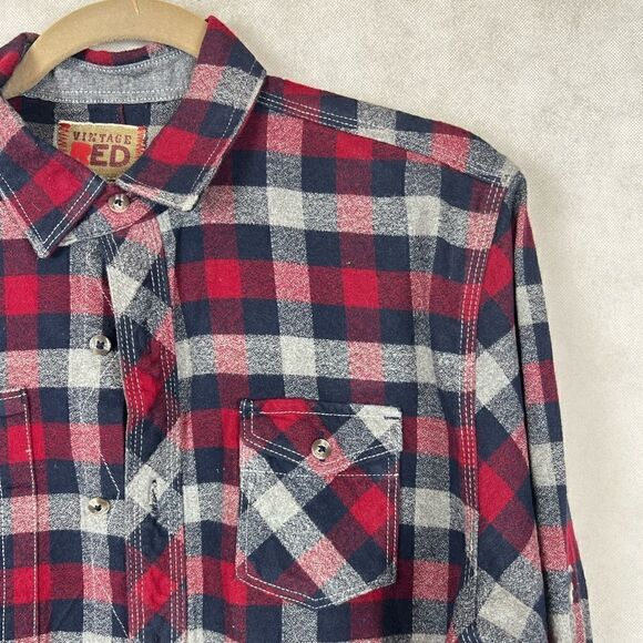 Vintage Red SzM Red Blue Gray Flannel Plaid Button Up Shirt - Picture 5 of 8